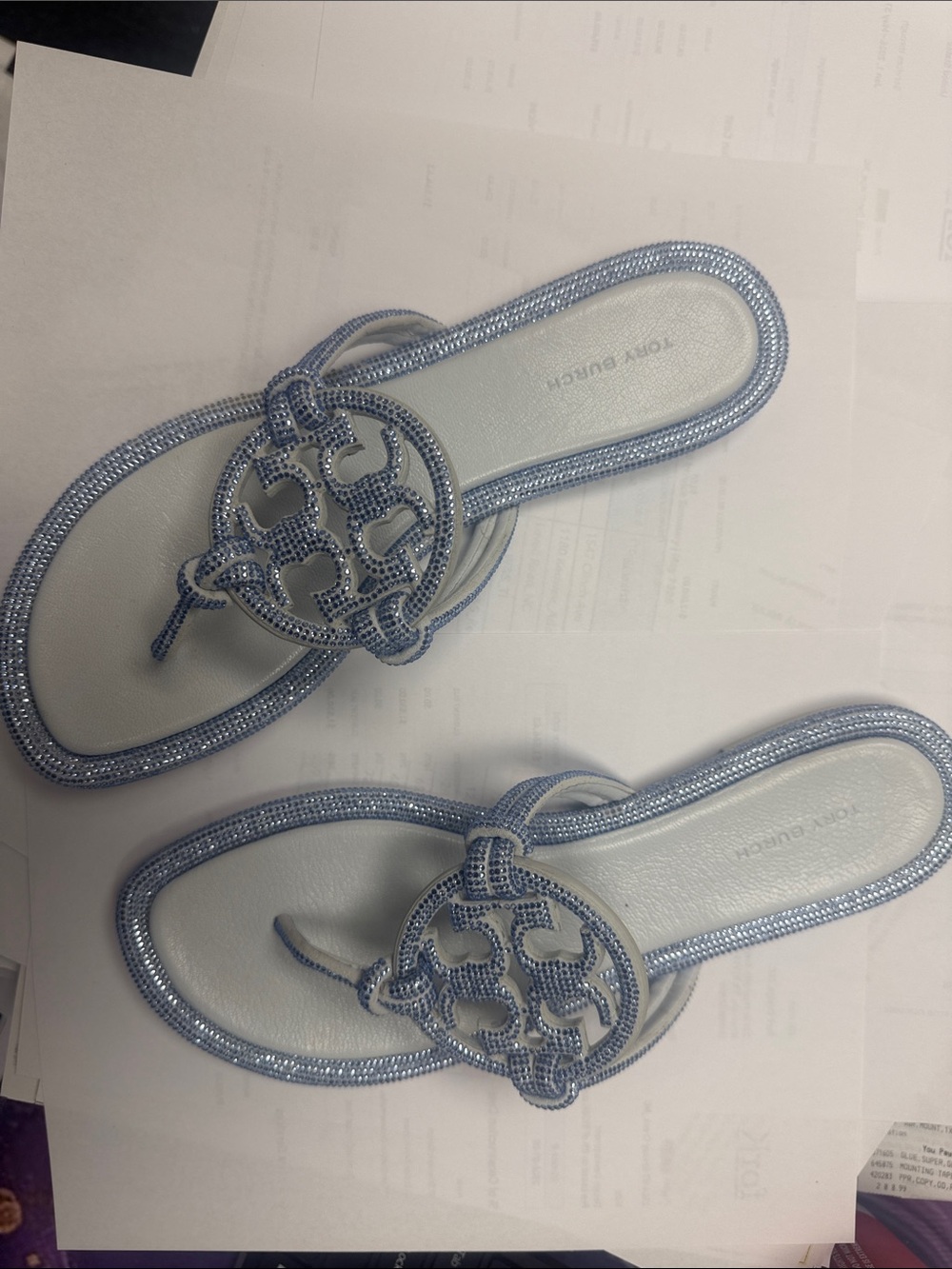Tory Burch Light Blue Miller Pave Logo Thong Sandals with Beaded Trim